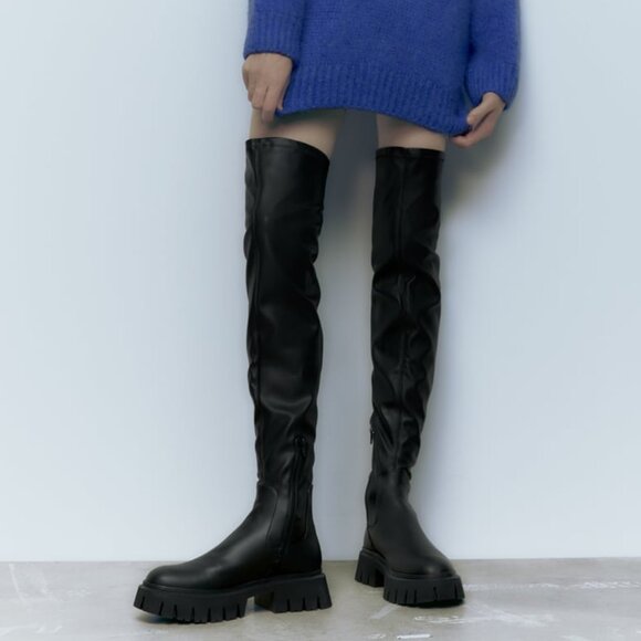 LIKE NEW Black Zara thigh high over the knee lug sole boots BLOGGER FAV - Picture 1 of 8